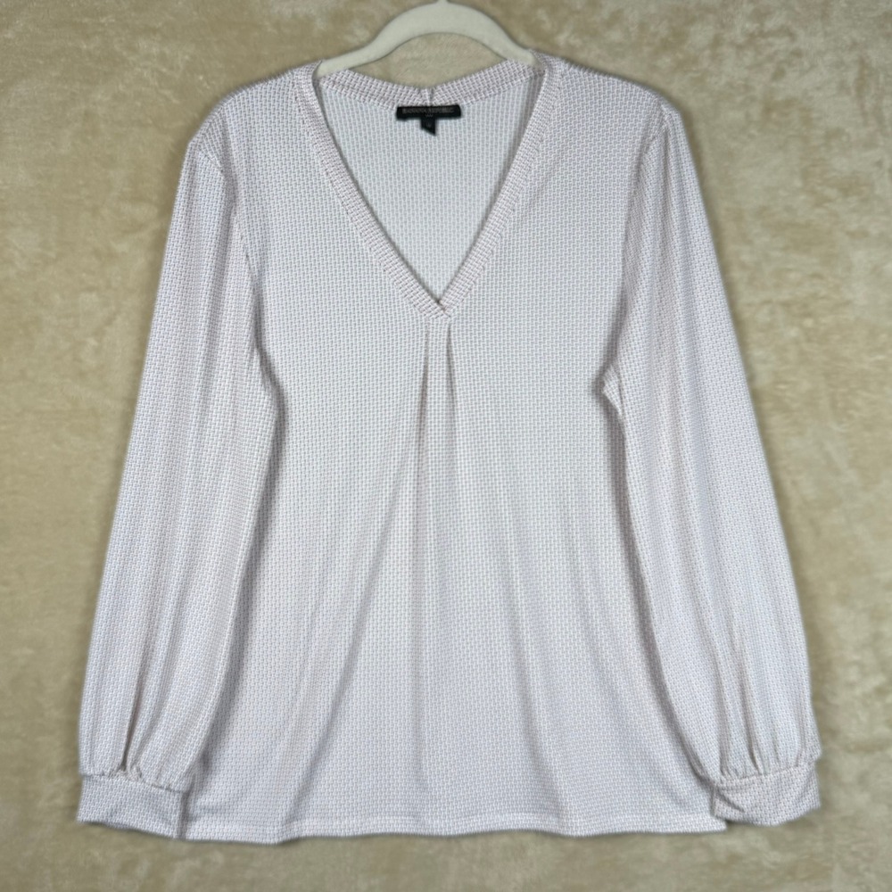Banana Republic Womens M White Black Red Geometric V Neck‎ Long Slv Silky Flowy